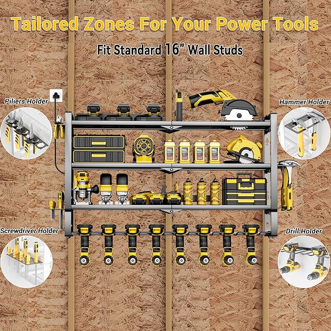 Large Power Tool Organizer Wall Mount with Charging Station,4 Layer Heavy Duty Metal Tool Storage Rack with 5-Outlet Power Strip,Loads 400lbs with 8 Cordless Drill Holder,Battery Utility Tool Shelf