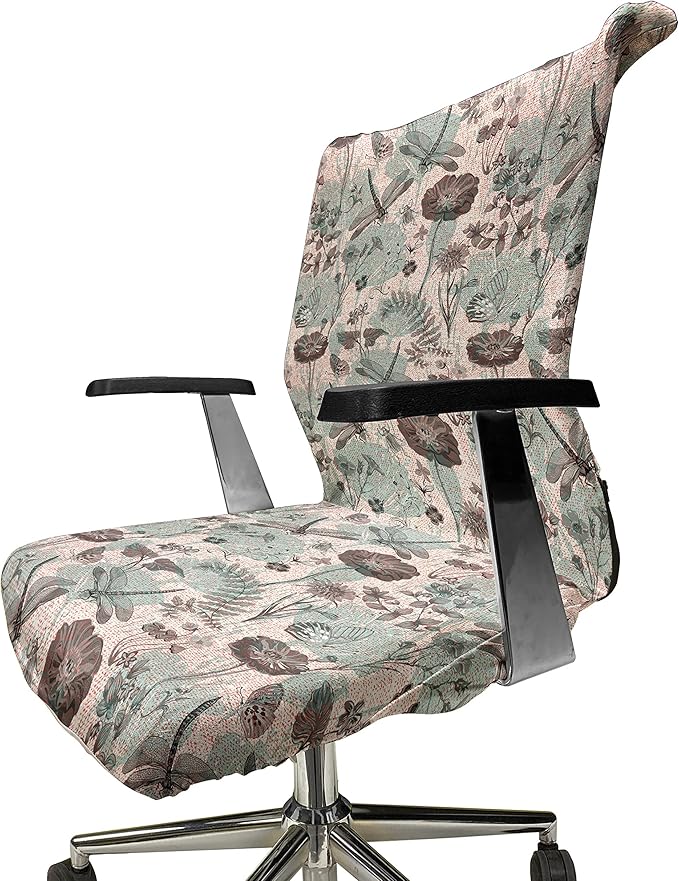 Ambesonne Flower Office Chair Cover, Vintage Style Botanical Composition with Floral Blossoms Dragonflies Flora and Fauna, Stretchable Decorative Universal Size High Back Printed Slipcover, Teal Brown