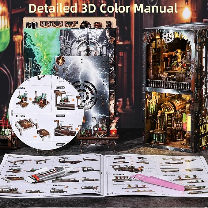 fifijoy Book Nook Kit, DIY Miniature Dollhouse Booknook Kit, 3D Wooden Puzzle Bookend Bookshelf Insert Decor with LED Light for Teens and Adults (Steampunk Mad Scientist Laboratory)