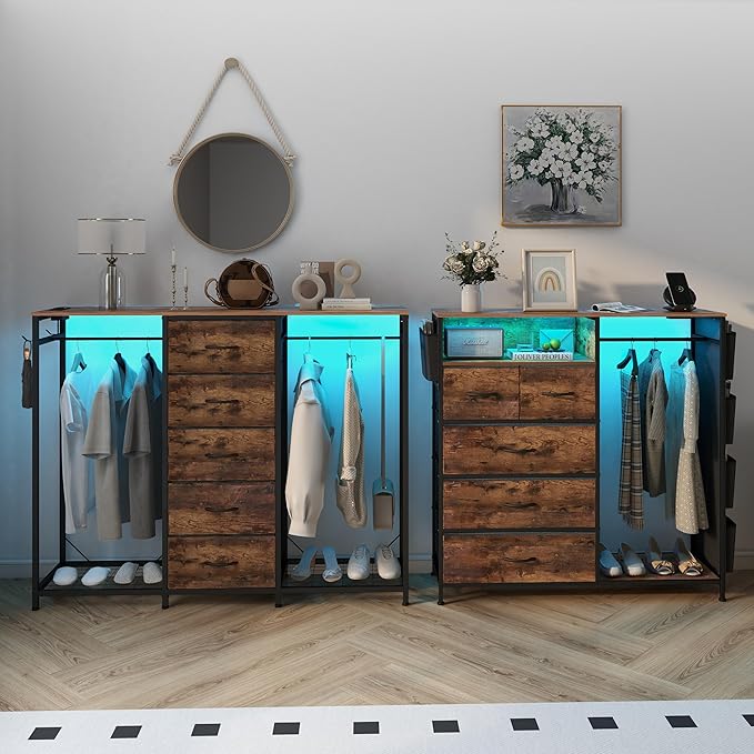 Espelism Dresser for Bedroom with Clothes Rack 5 Drawer Dresser with Charging Station LED Lights White Chest of Drawers Flexible Shelf and Open Storage Space for Bedroom Living Room (Brown)