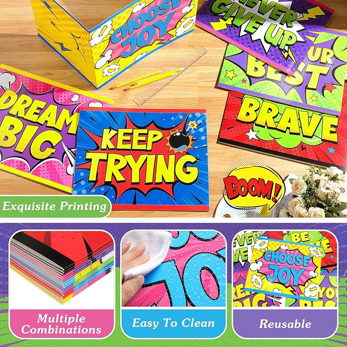 Affrolling 24 Pcs Inspirational Privacy Folders Bulk for Students Cardboard Privacy Boards Desk Divider Panel Waterproof Testing Divider for Classroom Back to School Study Supplies (Hero)