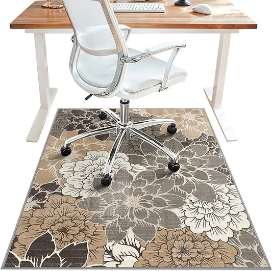 48"x60" Office Chair Mat for Hardwood Tile Floor, Under Desk Carpet Protector for Rolling Computer Chair Mat, Machine Washable Area Rug, Anti-Slip 1/5" Thick Low Pile Thin Vinyl Floor Mat, Grey Beige