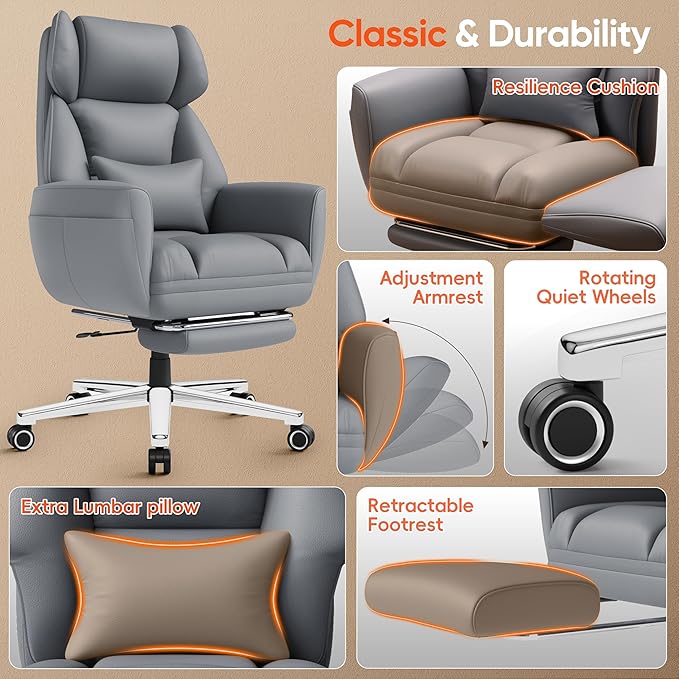GABRYLLY Criss Cross Chair with Footrest, Big and Tall Office Chair - Wide Seat, Reversible Armrests, 120°Tilt, 400LBS Heavy-Duty Executive Leather Chair for Working, Gaming & Meditation, Grey