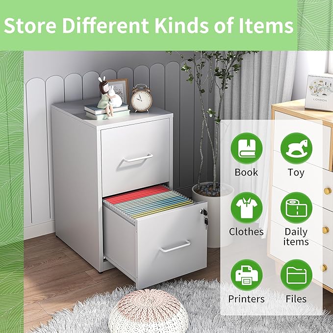 IKIMI 2 Drawer File Cabinet with Lock,White Metal Filing Cabinets for Home Office,Steel Vertical File Cabinet,Heavy Duty Metal Storage Cabinet for Letter Size Files,Assembly Required