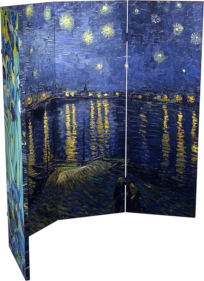 Red Lantern 4 ft. Short Double Sided Works of Van Gogh Canvas Folding Screen Irises/Starry Night Over Rhone 4 Panel Freestanding Partition and Separator for Modern and Contemporary Bedroom Home Office