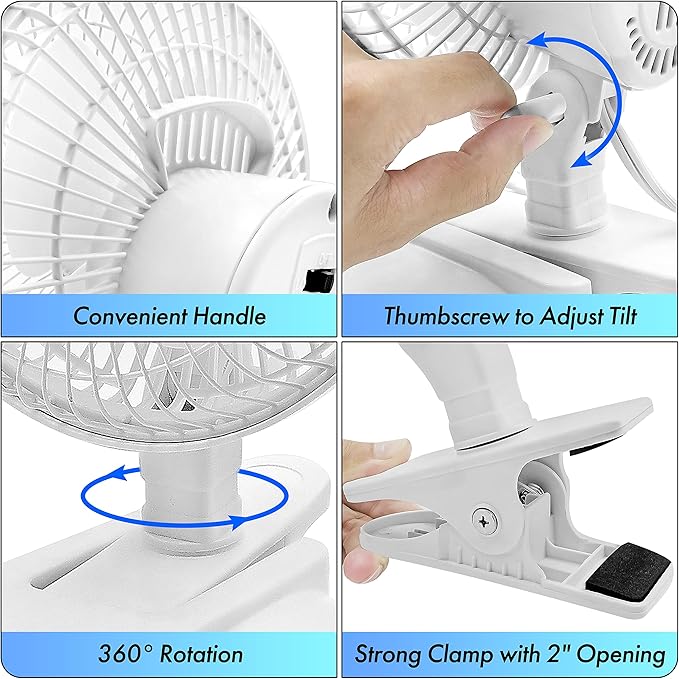 EZ-CHILL Personal Clip or Desk Fan with Removable Base, Portable Mini Bedroom Fan, 6 inch, 2 Speed, Strong Clamp, Firm Grip, Airflow 6.53 ft/sec, Ideal for Home, Bedroom, Dorm & Office