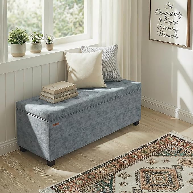 ABHENG Chenille Storage Ottoman Bench with Legs, 43.5”W x 15.7”D x 15.7”H,Metal Frame end of Bed Bench Hold up to 770 LB,Large Storage Chest,Gray UASND621G