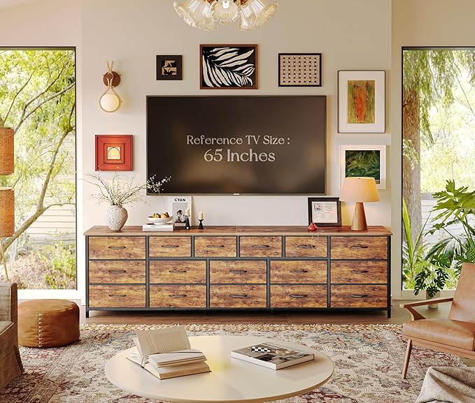 Huuger 77.6" Long Dresser for Bedroom, 16 Drawer Fabric Dresser for Closet, Wide Chest of Drawers with Storage, TV Stand for 65, 75, 85 Inch TV, 77.6" W x 12.9" D x 26.7" H, Rustic Brown