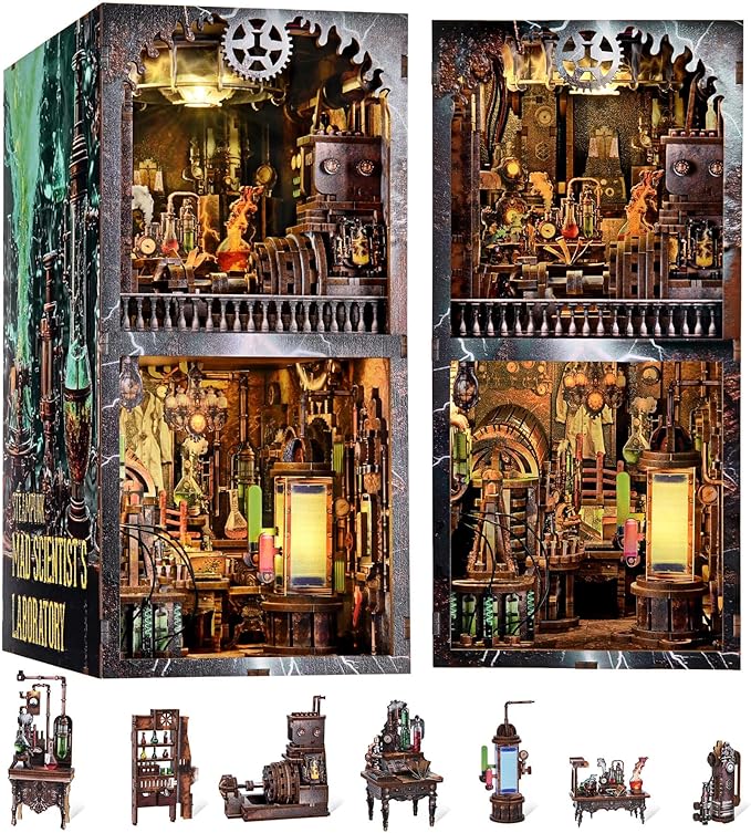 fifijoy Book Nook Kit, DIY Miniature Dollhouse Booknook Kit, 3D Wooden Puzzle Bookend Bookshelf Insert Decor with LED Light for Teens and Adults (Steampunk Mad Scientist Laboratory)