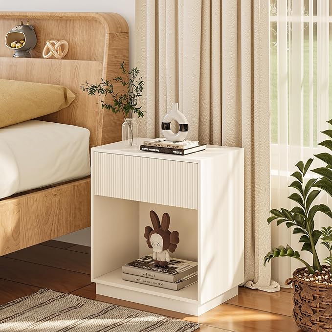 Fluted Nightstands Set of 2, Modern Bedside Table with Drawer and Storage Shelf, Wood End Table Mid Century Night Stands for Bedroom Living Room Sofa Couch Office (White)