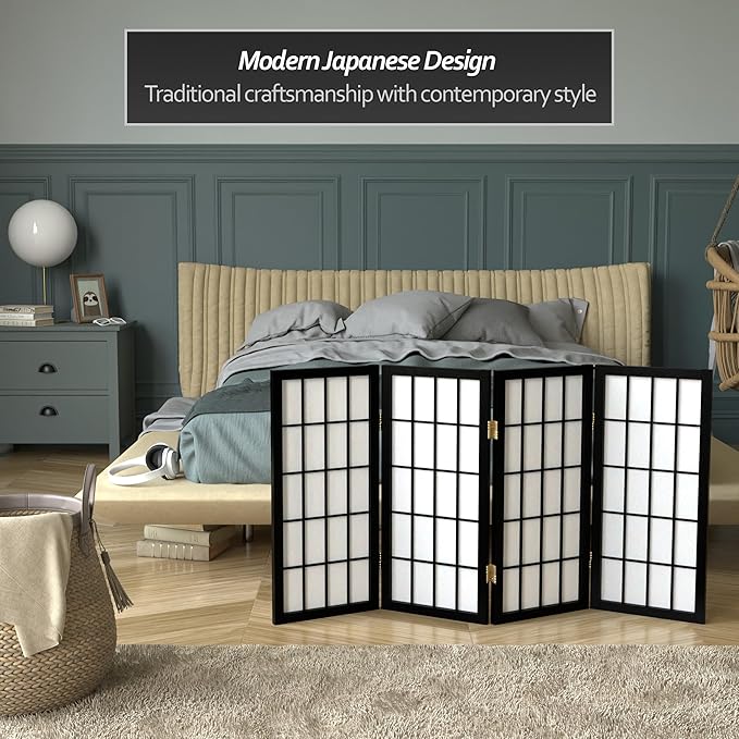 2 ft. Short Desktop Window Pane Shoji Screen - Black - 4 Panels
