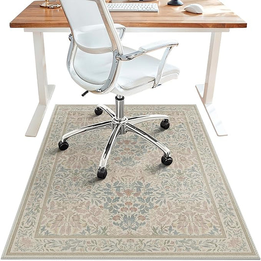 36"x48" Office Chair Mat for Hardwood Tile Floor, Under Desk Carpet Protector for Rolling Computer Chair Mat, Machine Washable Area Rug, Anti-Slip 1/5" Thick Low Pile Thin Vinyl Floor Mat, Beige Pink