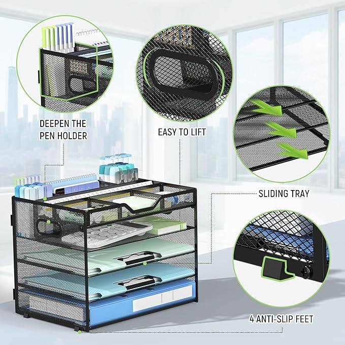 Docnest 5 Tier Mesh Desk Organizer with Adjustable Compartments - Stackable Letter Tray with Built-in Pen Holder & Handles - Desktop File Storage for Office, Home, School Supplies - Black
