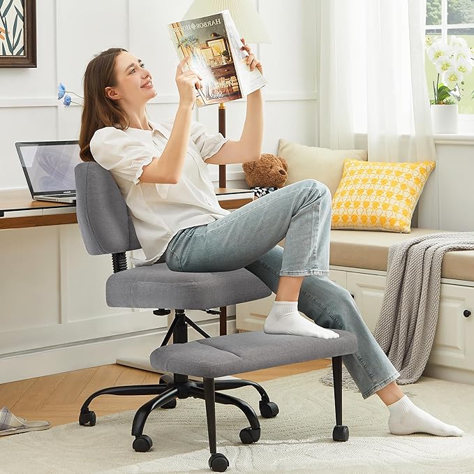 Ergonomic Criss Cross Legged Office Chair, ADHD Chair, 360° Swivel Meditation Kneeling Chair with Wheels, Adjustable Footrest, Bigger & Wider Height Adjustable Seat, Strong Lumbar Support, Greycloth