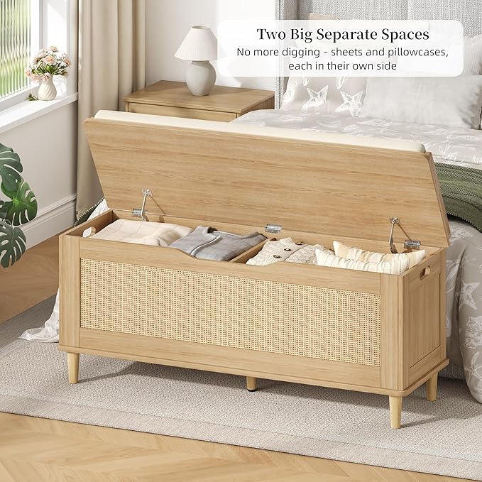 Keehusux 47.2" Extra Large Storage Bench with Cushion, Rattan Storage Chest with 2 Safety Hinges, Blanket Chest with Solid Wood Legs and Rounded Corners for Entryway, Bedroom, Living Room, Natural Oak