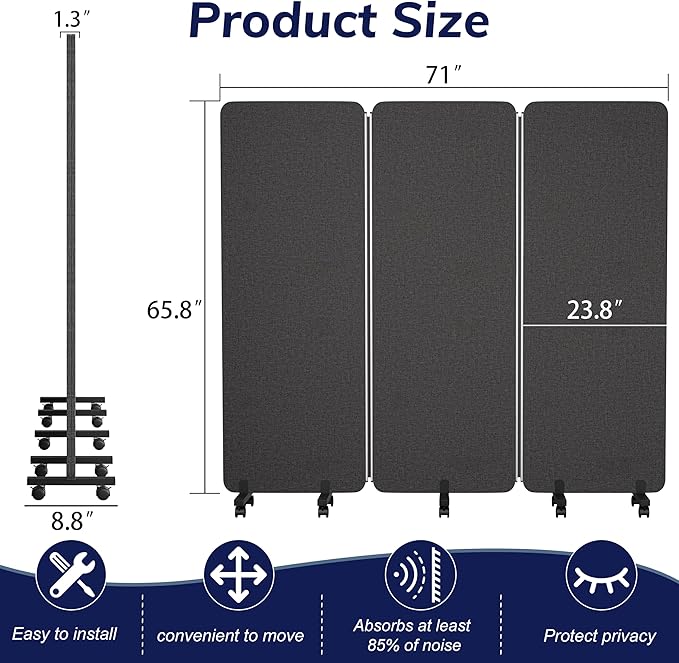 3 Panel Foldable Office Partitions, Mobile Cubicle Wall with Wheels, 71 x 66 Inch Noise Cancelling & Sound Proof Room Dividers Partition Wall, Aluminum Frame Dark Gray