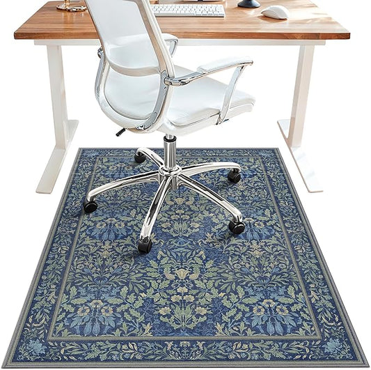 36"x48" Office Chair Mat for Hardwood Tile Floor, Under Desk Carpet Protector for Rolling Computer Chair Mat, Machine Washable Area Rug, Anti-Slip 1/5" Thick Low Pile Thin Vinyl Floor Mat, Dark Blue