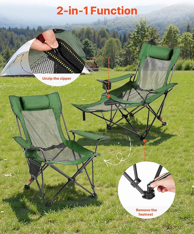 VEVOR 2-in-1 Reclining Camping Chair with Footrest for Adults, 4 Adjustable Positions, Portable Folding Lounger, Lightweight Mesh Beach Chair Supports 220lbs, Heavy Duty Camp Chairs Outdoor, Green