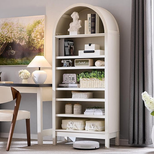 IFGET 71" Tall Arched Bookshelf, 7 Tiers Arch Bookcase with Storage, Modern Farmhouse Book Shelf with Adjustable Shelves, Wood Bookshelf w/Open Display Shelves for Living Room, Office (Antique White)