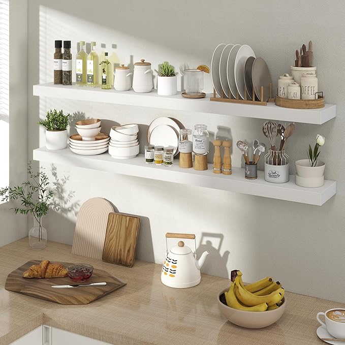 Acovy 48 Inch Floating Shelves for Wall 2 Pack, 48" Wall Shelves for Books, Storage, Decor, Wall Mounted Floating Shelf with Invisible Brackets for Kitchen, Living Room, White