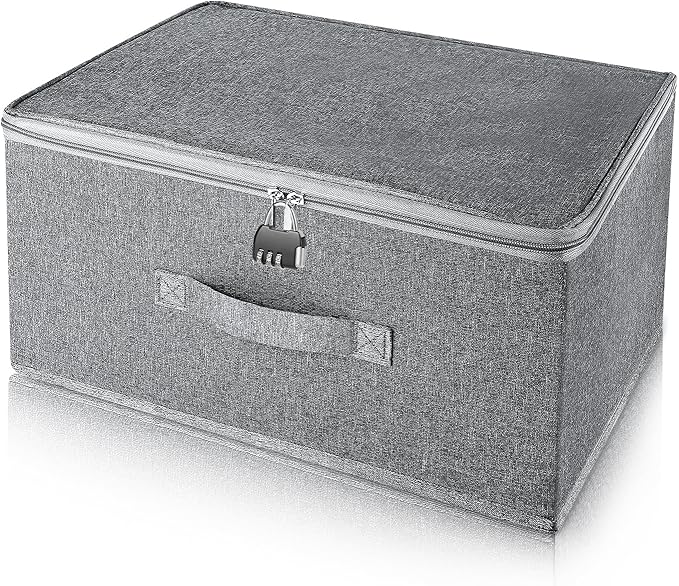 Lockable Storage Box, Organizer Bag Bins Case, Box with Lock, Boxes Storage, Lockable Box, Foldable Fabric Box with Handles, Storage Box with Lid for Clothes, Clothes Storage (16 x 12 x 8 inches)