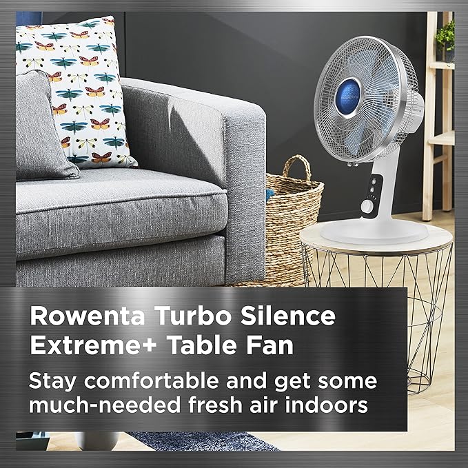 Rowenta, Desk Fan, Turbo Silence Table Fan, 12 Inches, Ultra Quiet Fan for Bedroom, Oscillating, Portable, 4 Speeds, Manual Turn Dial, White, Indoor, VU2730