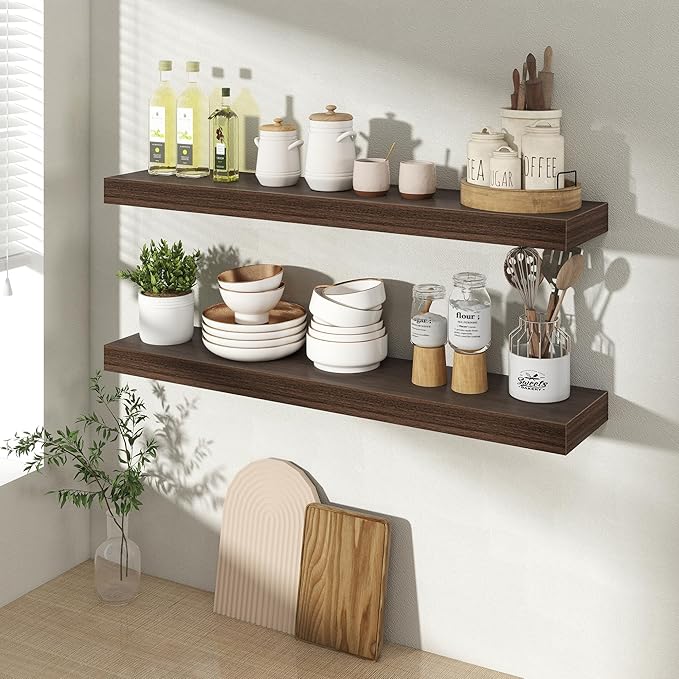Acovy 30 Inch Floating Shelves for Wall 2 Pack, 30" Wall Shelves for Books, Storage, Decor, Wall Mounted Floating Shelf with Invisible Brackets for Kitchen, Living Room, Walnut