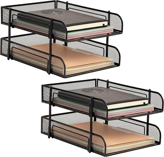 Mind Reader Paper Tray, Desk Organizer, Stackable, Storage, Office, Metal Mesh, 10.5" L x 13.25" W x 7.5" H, Set of 2, Black