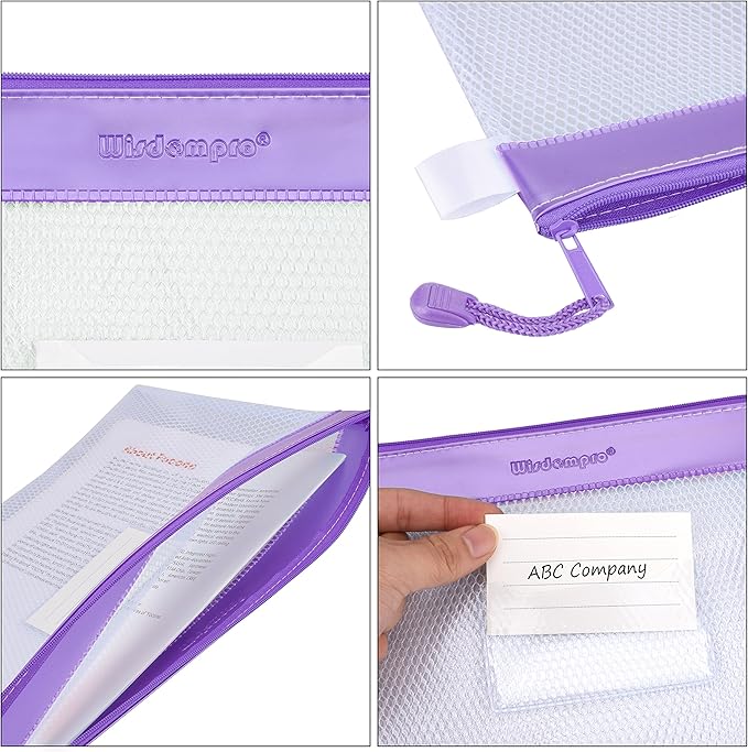 Wisdompro Zipper Pouch, 4 Packs Durable Letter Size Waterproof Mesh File Bag, Document Organizer - Purple/Yellow