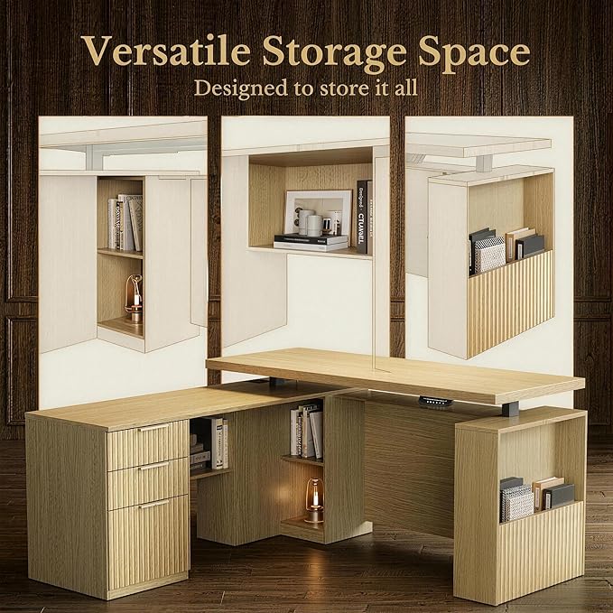 63 Inches L Shaped Standing Desk, Executive Standing Desk with Drawers and File Cabinet, AC/USB, 1.18" Desktop, Multi-sized Storage Cubby, Privacy Panel, Fluted Computer Desk, Light Walnut