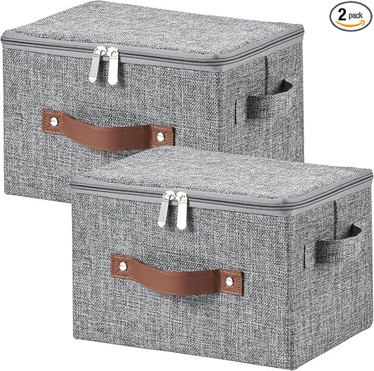 2 Pack Storage Bins with Zipper Lid Cotton Linen Fabric Lidded Storage Baskets Boxes Foldable Washable Closet Shelf Clothes Organizer Container with PU Leather Handles (Gray, Small Size)