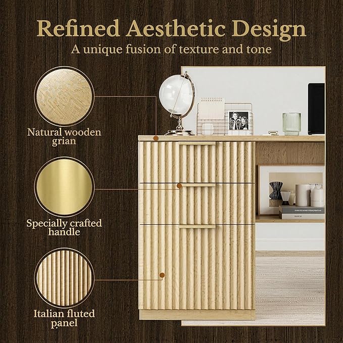 63 Inches L Shaped Standing Desk, Executive Standing Desk with Drawers and File Cabinet, AC/USB, 1.18" Desktop, Multi-sized Storage Cubby, Privacy Panel, Fluted Computer Desk, Light Walnut