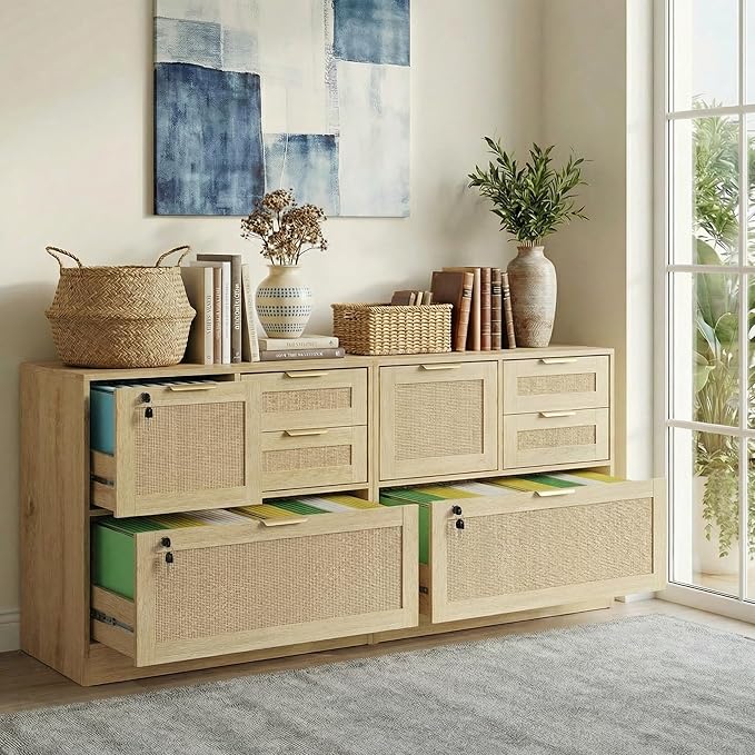 Lateral File Cabinets for Home Office, 4 Drawer Filing Cabinet with Lock, Wide Rattan Filing Organization Storage Cabinets with Printer Stand for Hanging Files/Letter/Legal/A4/F4 Size, Natural Wood