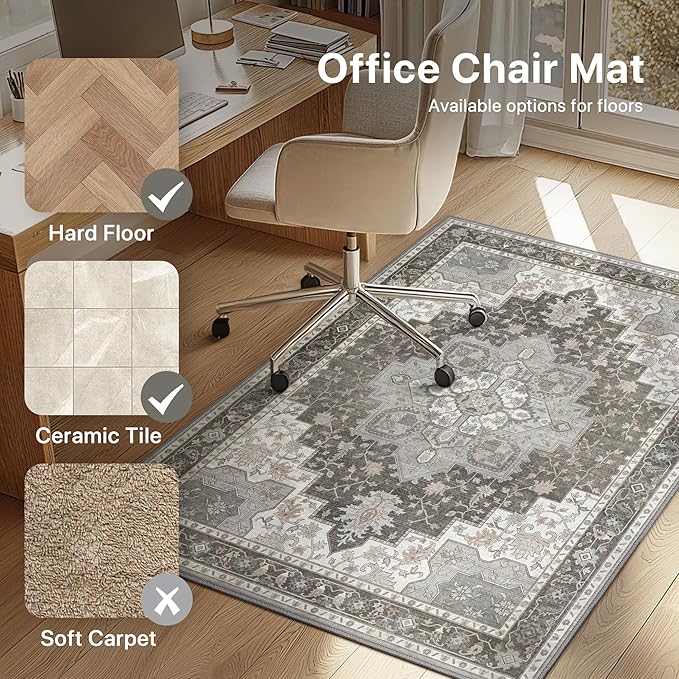 36"x48" Office Chair Mat for Hardwood Tile Floor, Under Desk Carpet Protector for Rolling Computer Chair Mat, Machine Washable Area Rug, Anti-Slip 1/5" Thick Low Pile Thin Vinyl Floor Mat, Tawny Grey