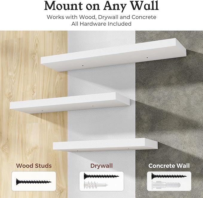 White Floating Shelves for Wall, 7.9" Deep Wall Mounted Wood Shelves for Bathroom, Bedroom, Living Room, Kitchen, Hanging Shelf for Books/Storage/Room Decor (White, 16")