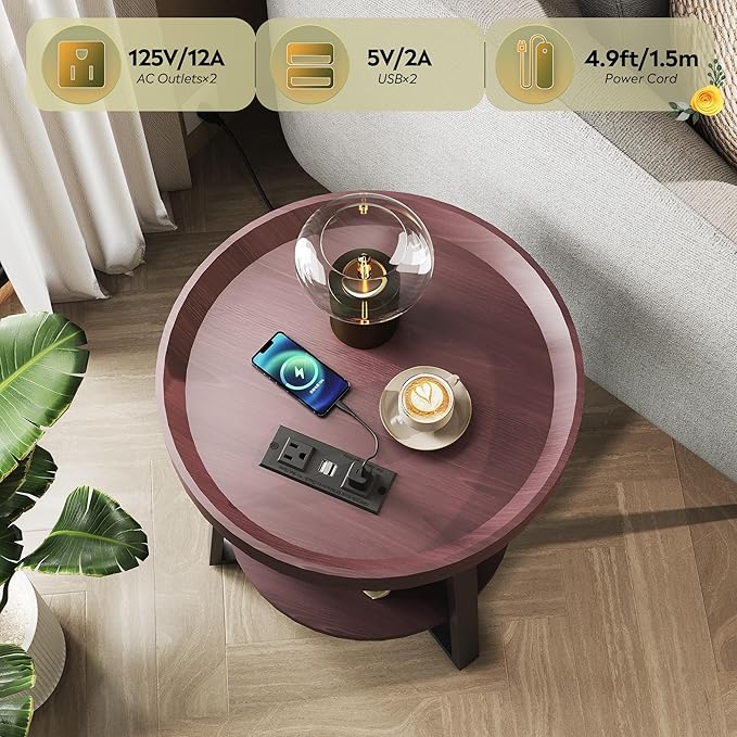 WLIVE Small Round Side Table with Charging Station, Round Coffee Table, 2 Tier End Table for Living Room/Bedroom, Sofa Couch, Easy to Assemble, Wood Tabletop & Metal Frame, Brown