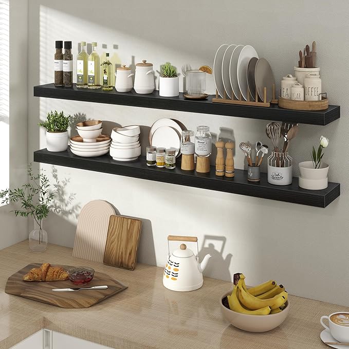 Acovy 48 Inch Floating Shelves for Wall 2 Pack, 48" Wall Shelves for Books, Storage, Decor, Wall Mounted Floating Shelf with Invisible Brackets for Kitchen, Living Room, Black