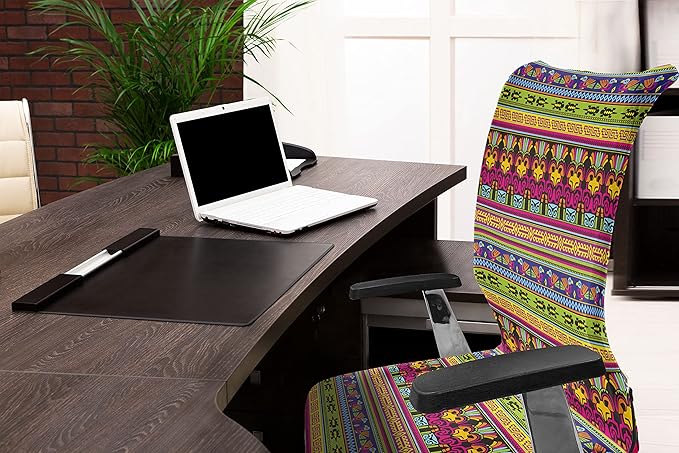 Ambesonne Prehistoric Office Chair Cover, Aztec Culture Pattern Borders Ornate Tribal Animal Print, Stretchable Decorative Universal Size High Back Printed Slipcover, Magenta Yellow