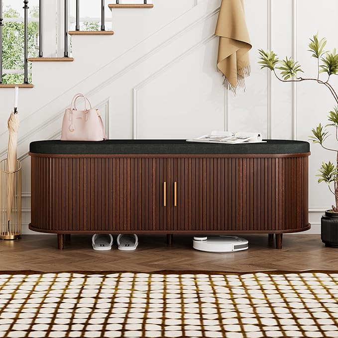 DHH 2-Tier Storage Bench,Wide Shoe Bench with Thickened Padded Seat Cushion, Mid Century Modern Fluted Sliding Door and Adjustable Shelf, for Entryway, Living Room, Bedroom (Walnut, 51.2”)