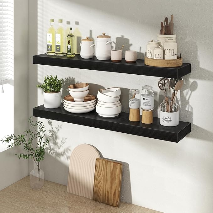 Acovy 30 Inch Floating Shelves for Wall 2 Pack, 30" Wall Shelves for Books, Storage, Decor, Wall Mounted Floating Shelf with Invisible Brackets for Kitchen, Living Room, Black