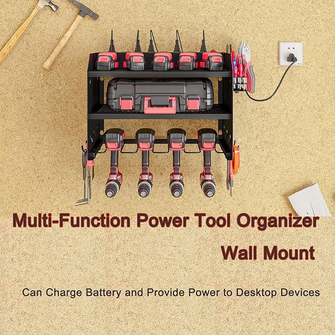 AZERPIAN Power Tool Organizer Wall Mount with Charging Station 3 Layer Heavy Duty Metal Tool Storage Rack with 4 Cordless Drill Holder Utility Rack with 8 Power Strip,Black