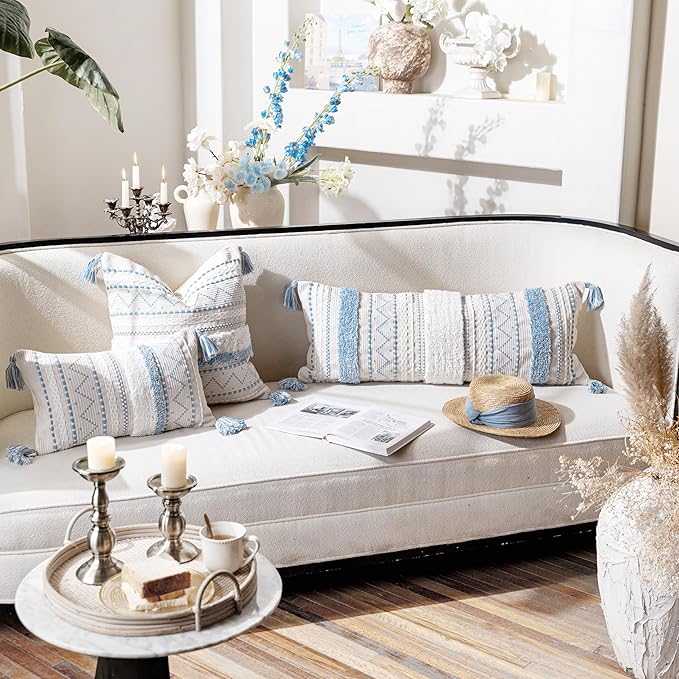 BlissBlush 12x20 Lumbar Pillow Cover, Rectangular Blue Pattern Decorative Cushion Cover, Coastal Boho Accent Pillowcase with Tufted Pattern and Tassels for Couch Sofa Living Room (Cover Only)