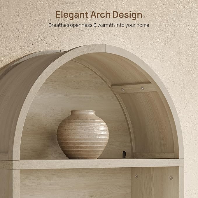SICOTAS 81" Arched Bookcase, Large Book Shelf with Storage, Modern 5-Tier Arched Cabinet with Adjustable Shelves & Cable Management for Home Office Library Living Room Kitchen, Grey White Oak, 2 PCS