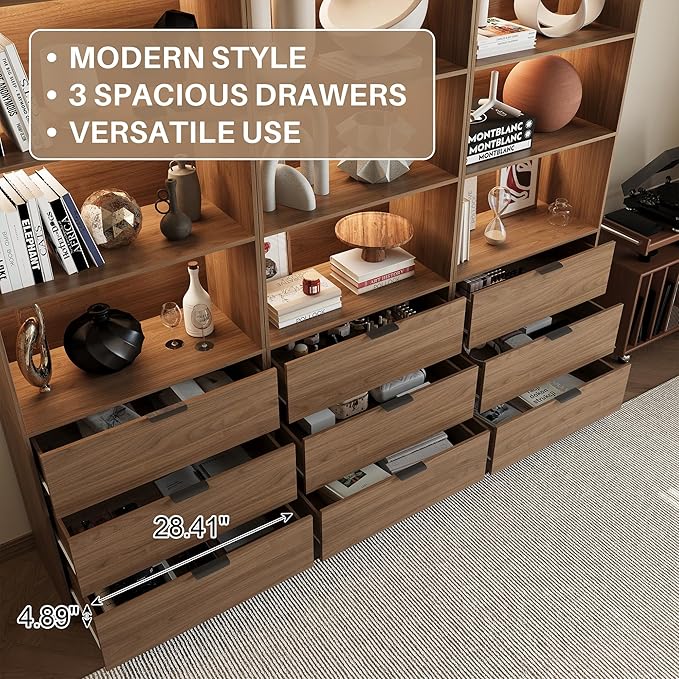 Mekminop 3PCS Lighted Bookshelf and Bookcase, 5-Tier Modern Bookshelves with 3 Large Drawers, Display Cabinet with Lage Storage Shelves for Home Office