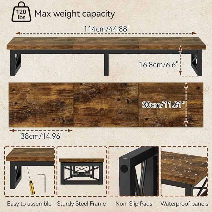 IBUYKE 45" Large TV Riser for 32-60 inch TV,Tabletop Short TV Stand with Storage and Steel Legs,Dual Screen Office Desk,Stand Riser,TV Riser Stand for Home,Bedroom,Living Room,Rustic Brown TVT002H