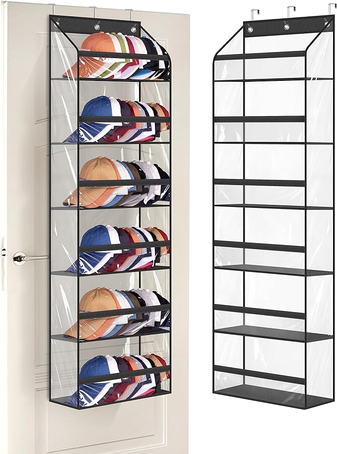 AOODA Clear Over The Door Hat Racks for Baseball Caps, Large Holds up to 72 Caps Hat Storage Organizer for Closet Wall, Deep Pockets Hanging Hat Holder with 3 Hooks, Black