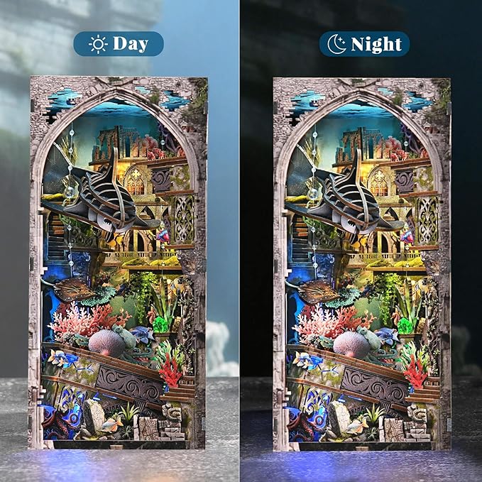 fifijoy Book Nook Kit - DIY Miniature Dollhouse for Adults and Teens, Creative Bookshelf Decor 3D Wooden Puzzle Bookend with LED Light, Unique Gift for Family and Friends (Lost City of Atlantis)