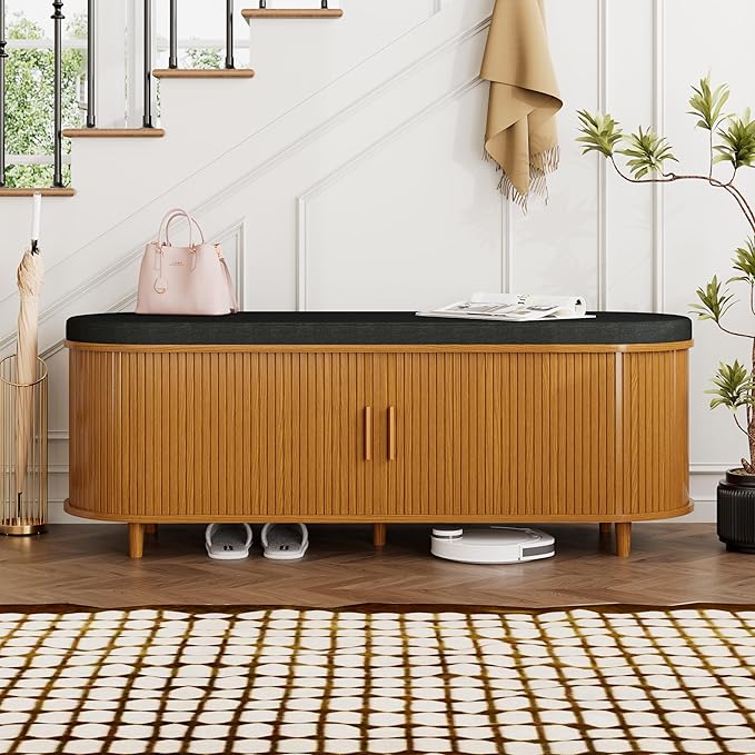 DHH 2-Tier Storage Bench,Wide Shoe Bench with Thickened Padded Seat Cushion, Mid Century Modern Fluted Sliding Door and Adjustable Shelf, for Entryway, Living Room, Bedroom (Yellow Walnut, 51.2”)