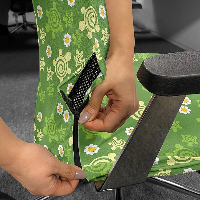 Ambesonne Turtle Office Chair Cover, Spring Revival Inspiration Chamomile Illustration and Vortex Flower Design, Stretchable Decorative Universal Size High Back Printed Slipcover, Yellow Green