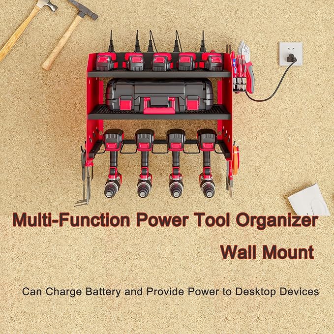 AZERPIAN Power Tool Organizer Wall Mount with Charging Station 3 Layer Heavy Duty Metal Tool Storage Rack with 4 Cordless Drill Holder Utility Rack with 8 Power Strip, Red